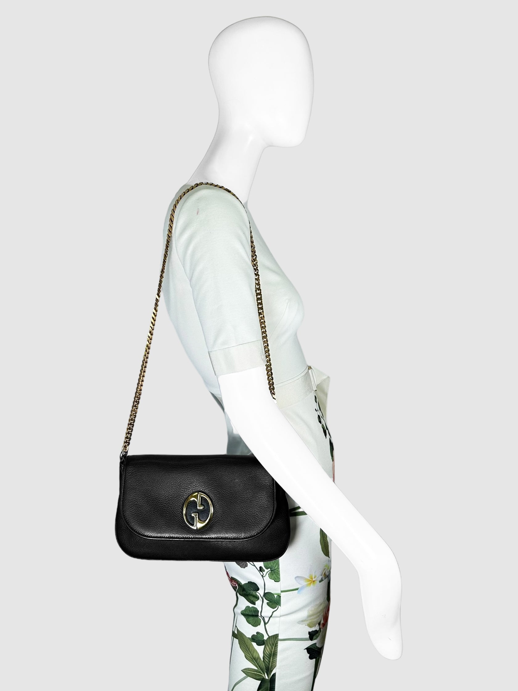 Gucci Black Pebble Leather 1973 Chain Crossbody Bag Consignment Secondhand Designer Luxury Resale Toronto Trendy