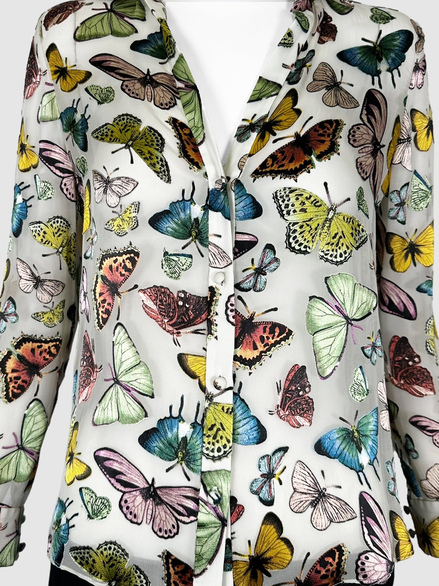 Alice + Olivia White and Multicolour Sheer Butterfly Print Button Down Top Size Extra Small Consignment Secondhand Designer Luxury Resale Toronto Trendy