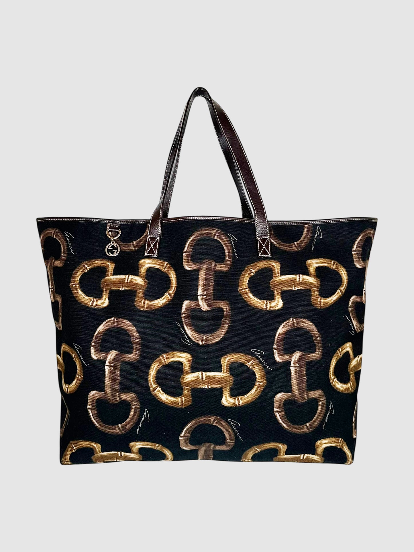 Gucci Brown and Black Canvas Horsebit Print Tote Bag handbag shoulder bag luxury designer resale consignment secondhand Toronto Canada