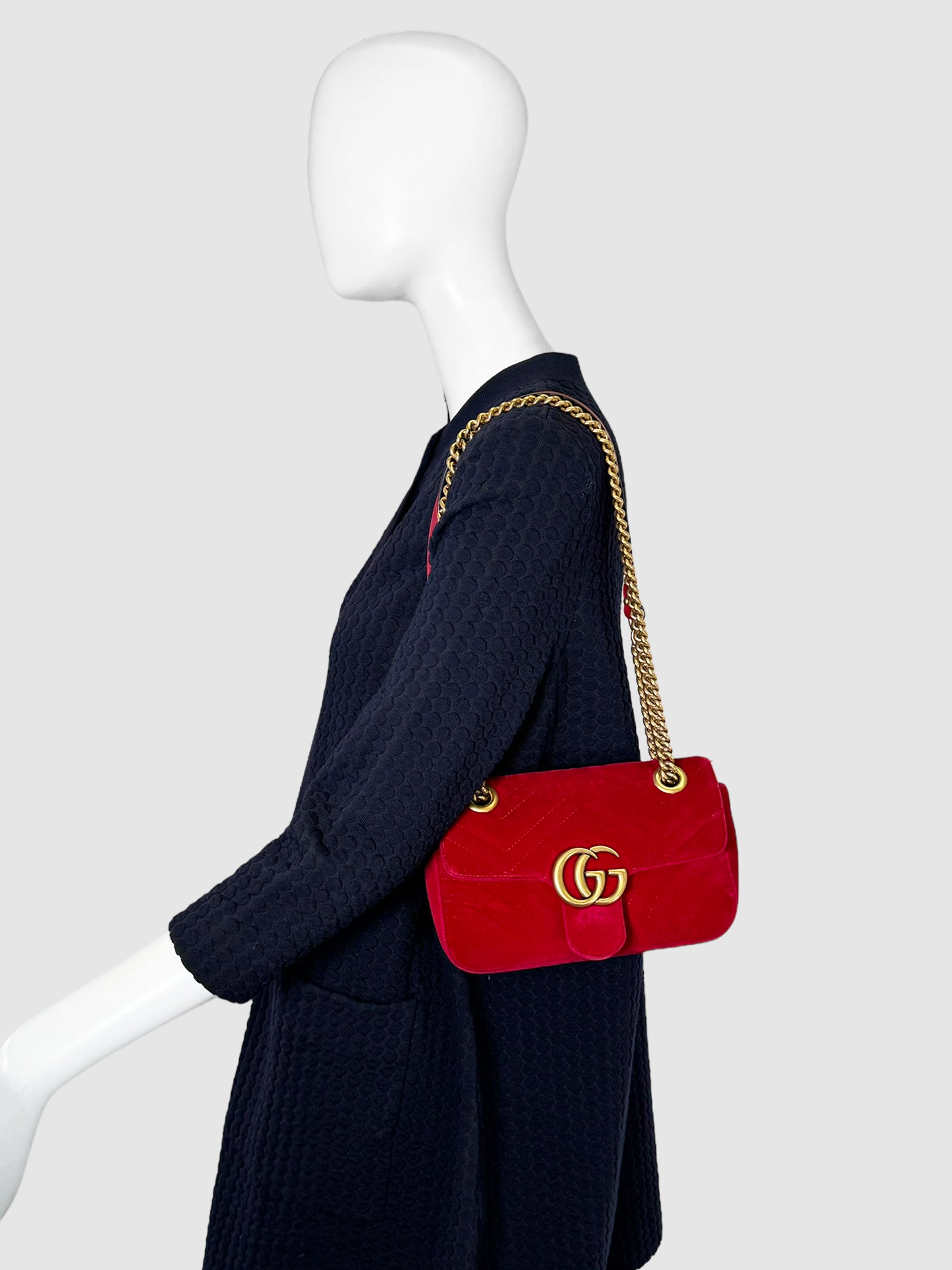 Gucci Velvet Matelasse GG Marmont Bag Red Consignment Resale Luxury Thrift Secondhand