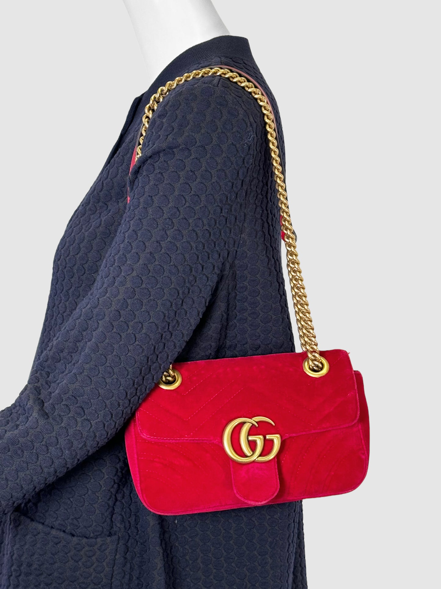 Gucci Velvet Matelasse GG Marmont Bag Red Consignment Resale Luxury Thrift Secondhand