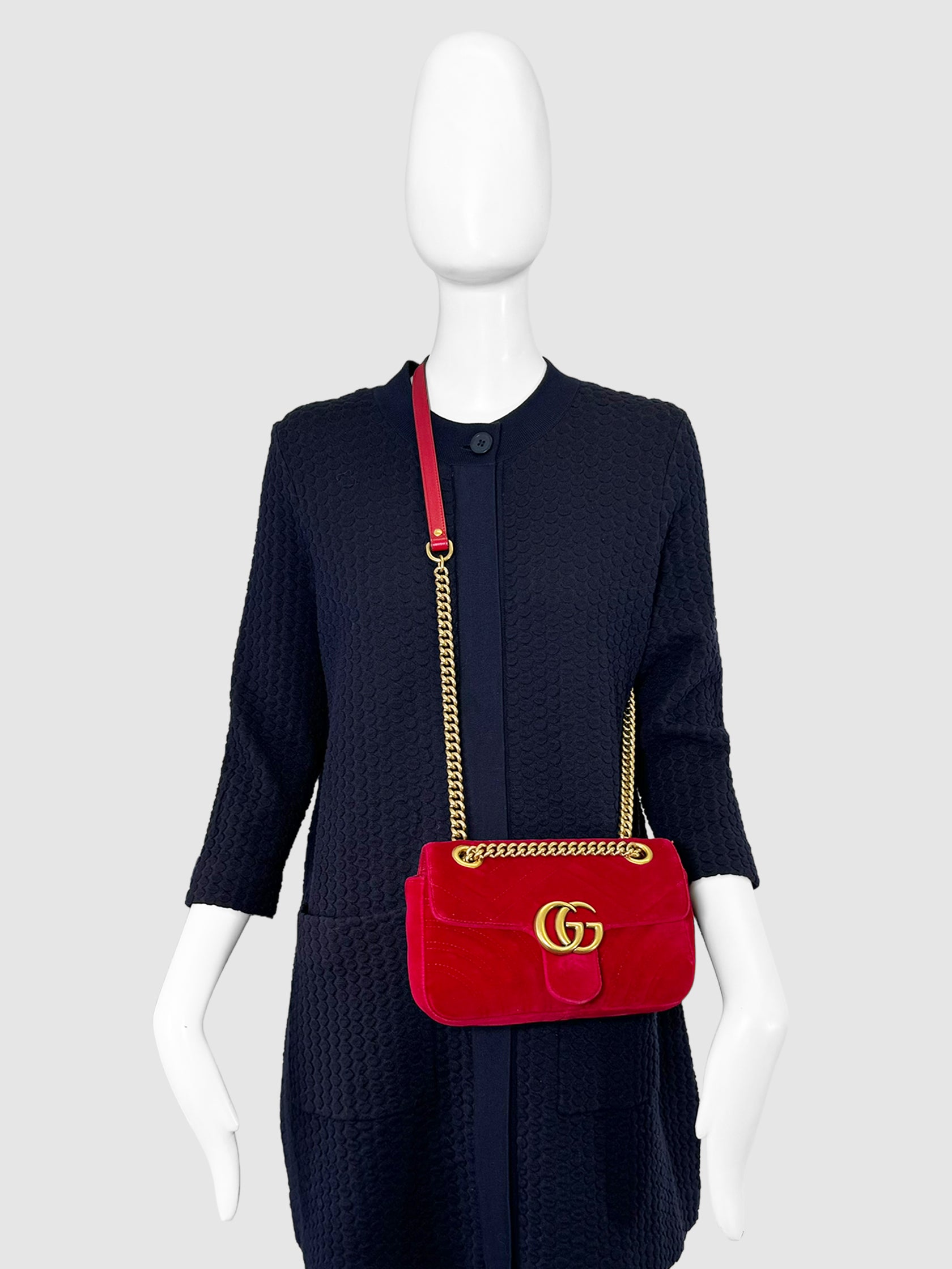 Gucci Velvet Matelasse GG Marmont Bag Red Consignment Resale Luxury Thrift Secondhand