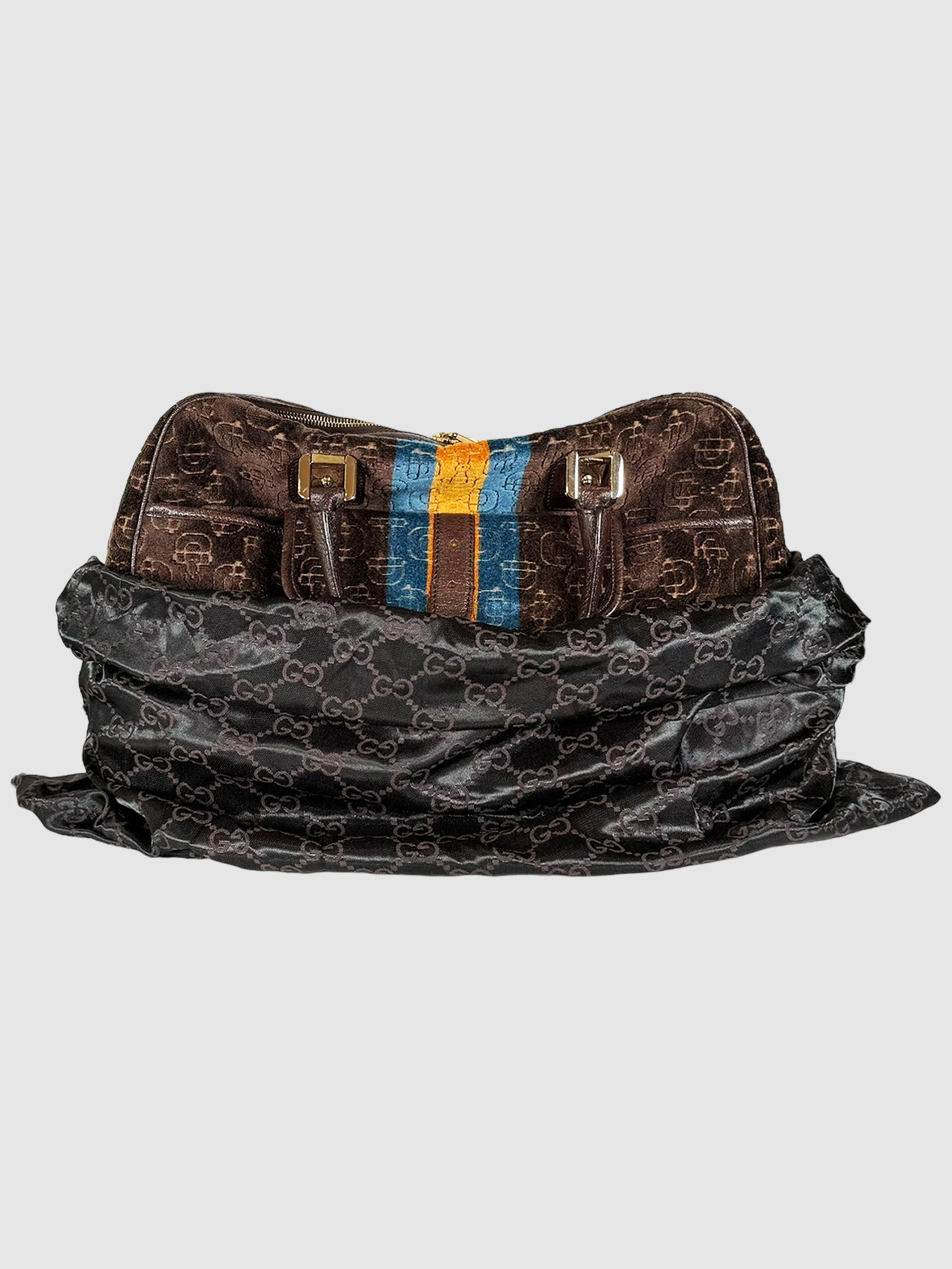 Gucci Velour Glam Tote Bag in Brown with Blue and Yellow Stripe Design Consignment Secondhand Designer Luxury Resale Toronto Trendy