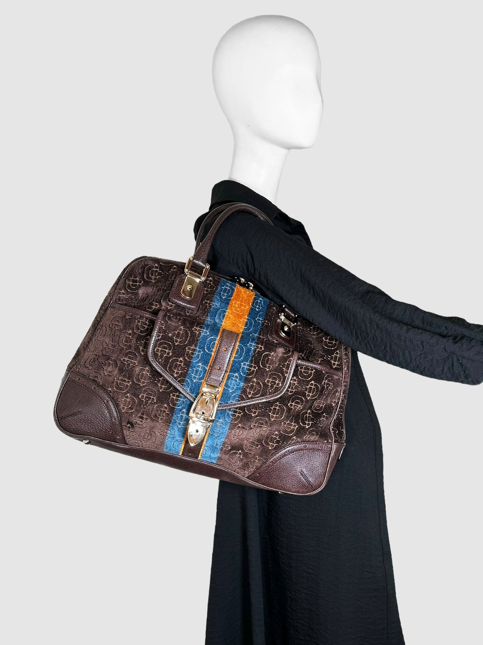 Gucci Velour Glam Tote Bag in Brown with Blue and Yellow Stripe Design Consignment Secondhand Designer Luxury Resale Toronto Trendy