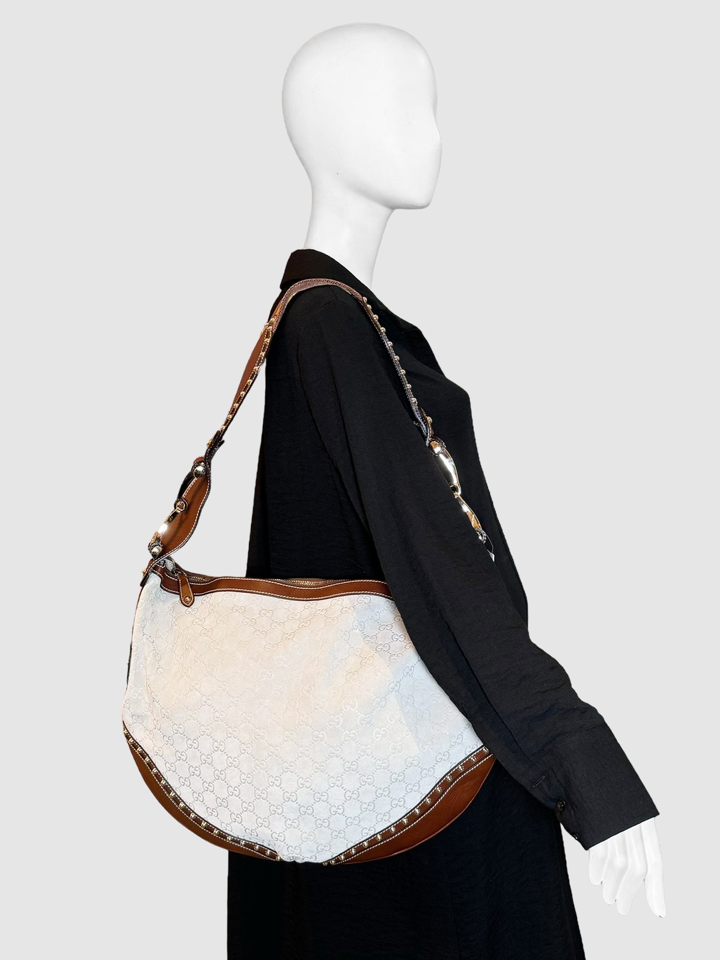 Gucci Extra Large Studded Suede Pelham Hobo Shoulder Bag Consignment Secondhand Designer Luxury Resale Toronto Trendy