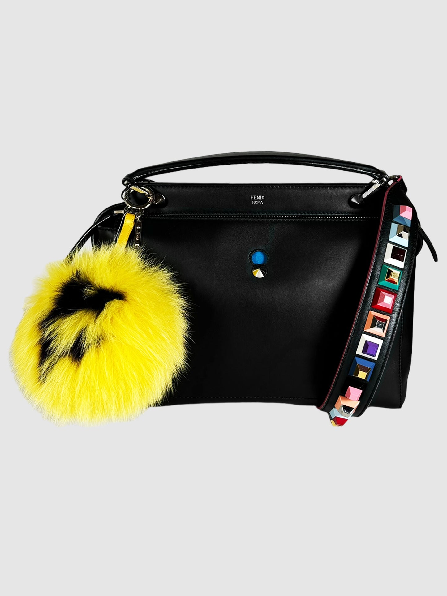 Fendi Yellow and Black Logo Pompom Bag Charm Key Ring Chain Consignment Secondhand Designer Luxury Resale Toronto Trendy