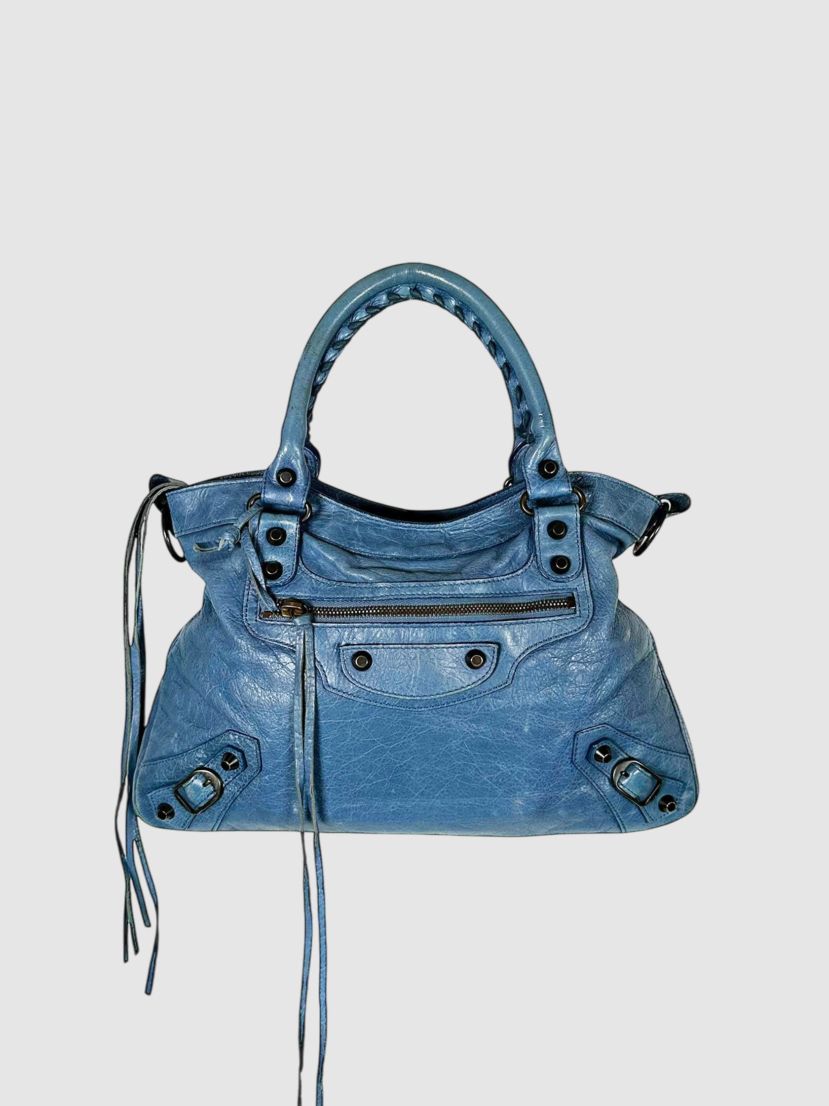 Balenciaga Blue Lambskin Leather Small City Bag Luxury Designer Resale Consignment Toronto Handbag