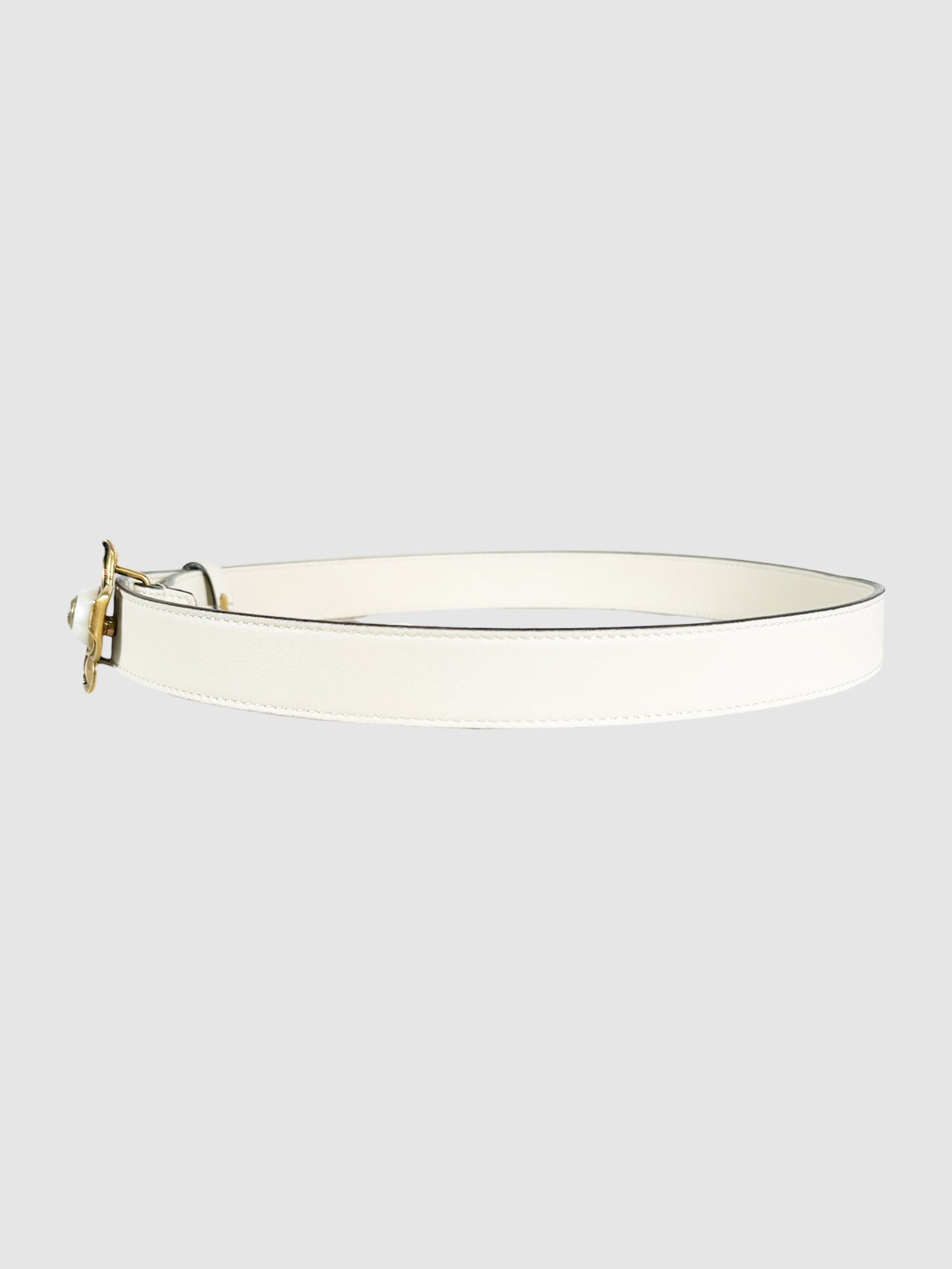 Metal Flower Faux Pearl Interlocking G Leather Belt