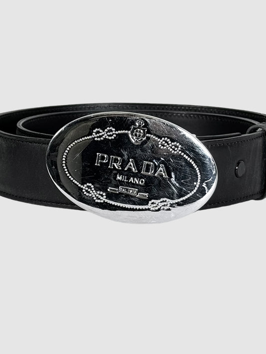 Leather Belt with Engraved Oval Plaque Buckle