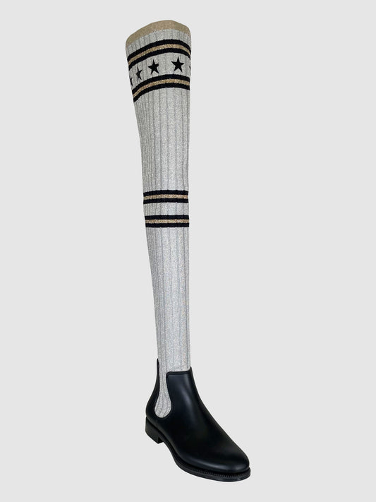 Rubber and Ribbed Knit Thigh High Boots - Size 38