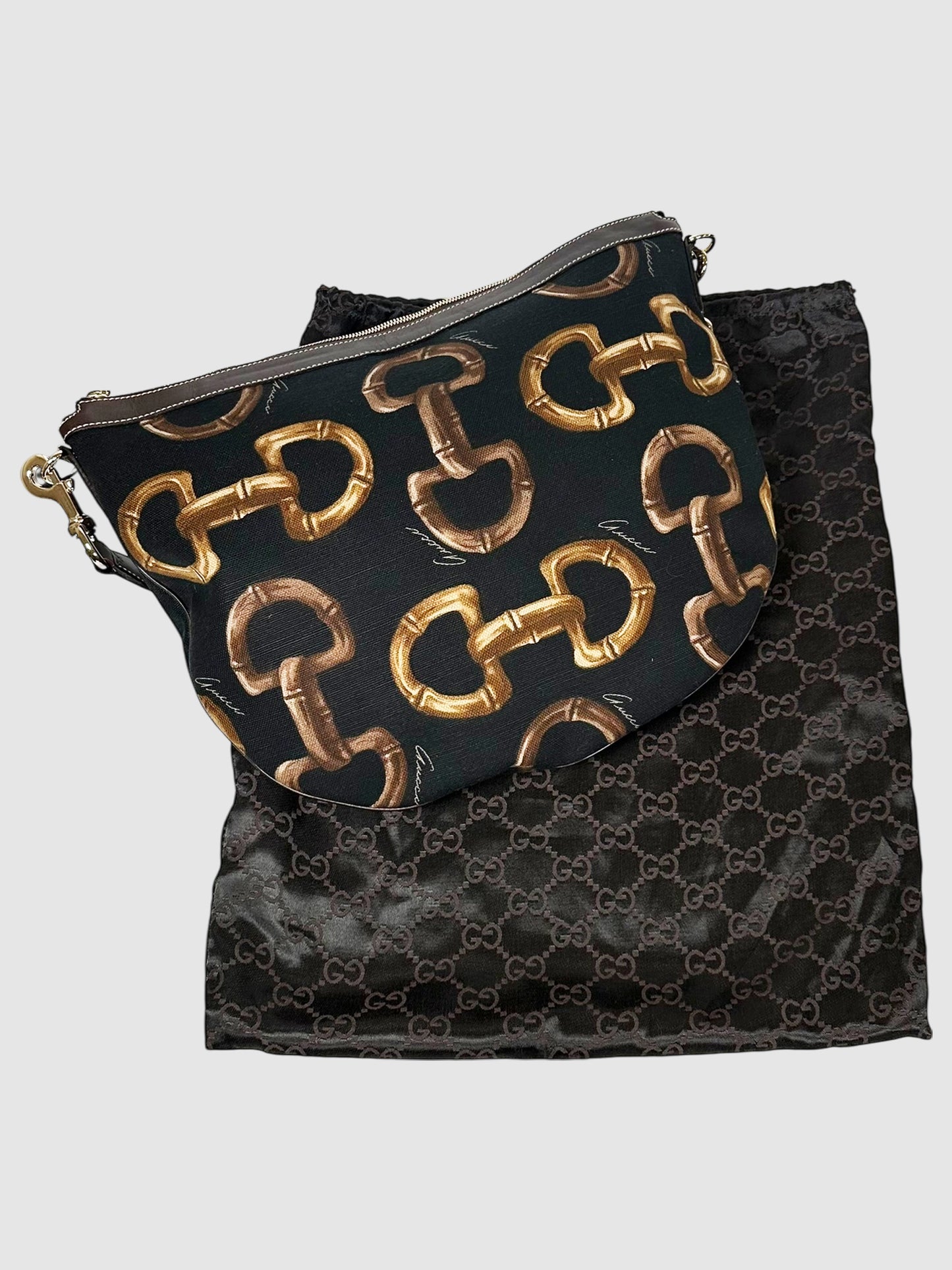 Gucci Black Brown Canvas Horsebit Print Hobo Bag handbag shoulder bag luxury designer resale consignment secondhand Toronto Canada