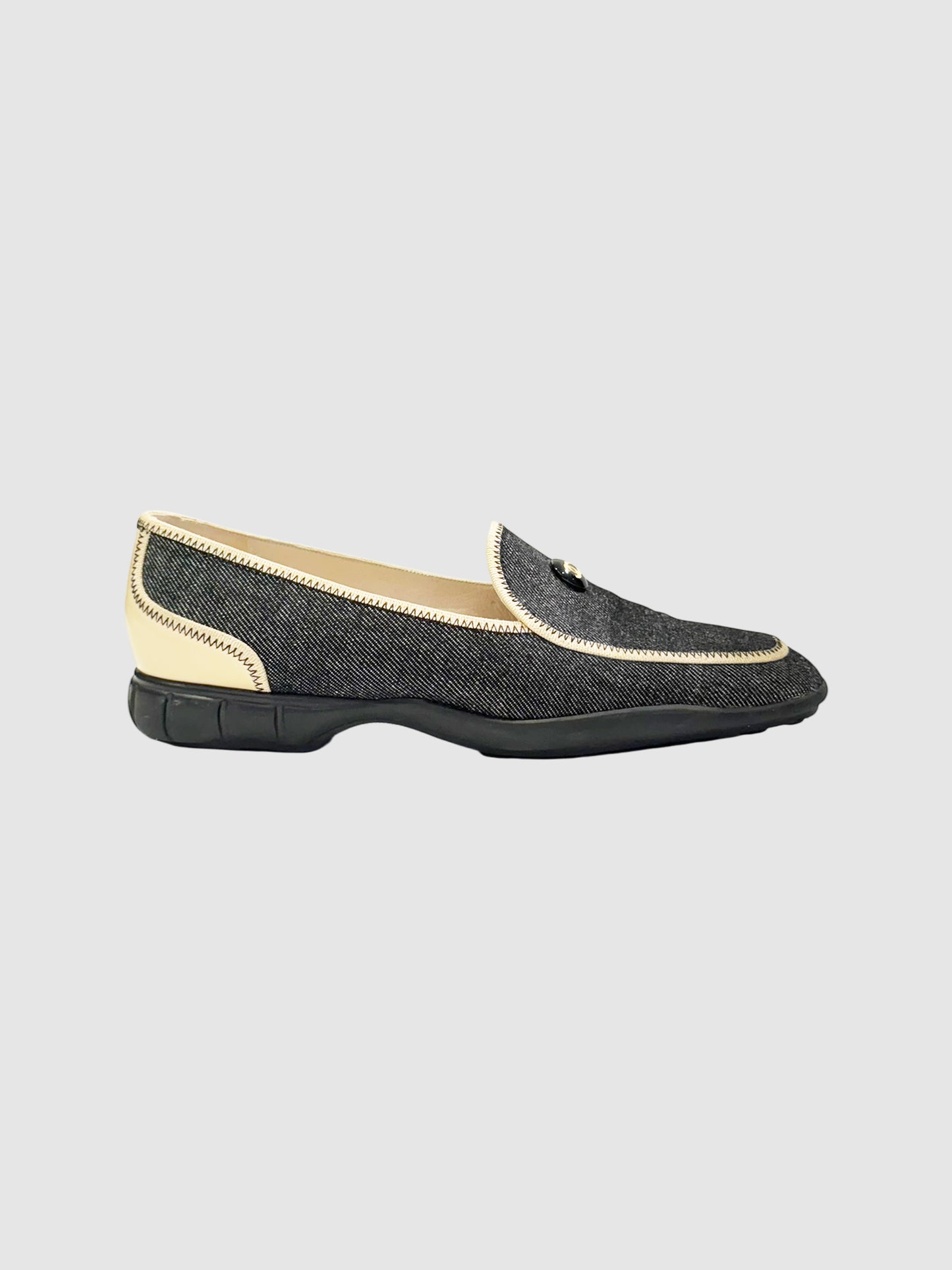 Chanel Black CC Denim and Cream Leather Trim Loafers, Size 41 Luxury Designer Resale Consignment Toronto