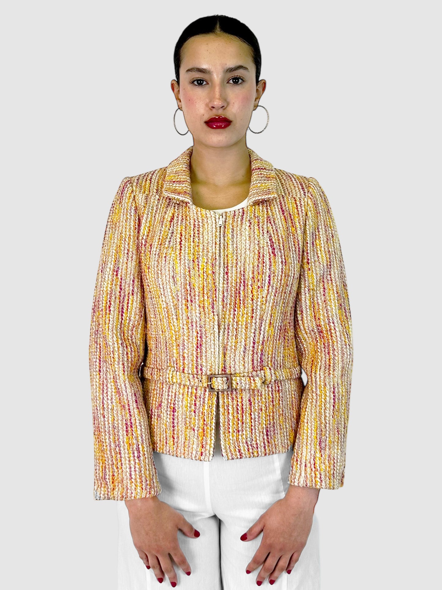 Chanel Pink, Yellow, and White Wool-Blend Tweed Belted Boucle Jacket - Size 42 Luxury Designer Resale Consignment Toronto Secondhand