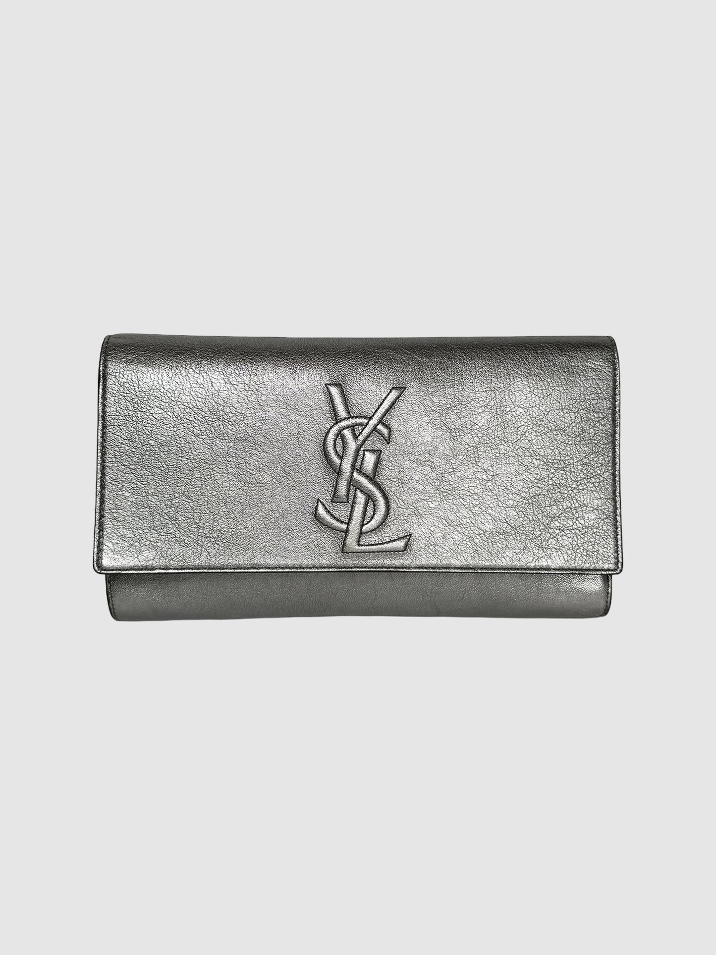 Yves Saint Laurent Belle de Jour Leather Clutch Silver YSL Consignment Designer Luxury Resale Toronto Secondhand