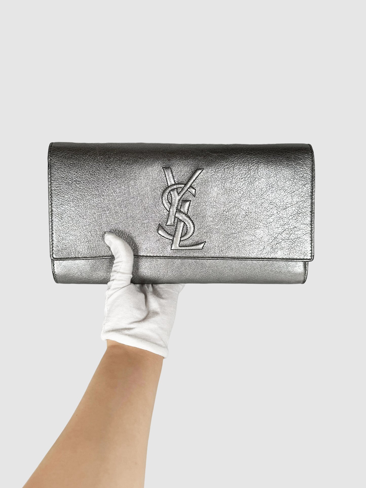 Yves Saint Laurent Belle de Jour Leather Clutch Silver YSL Consignment Designer Luxury Resale Toronto Secondhand