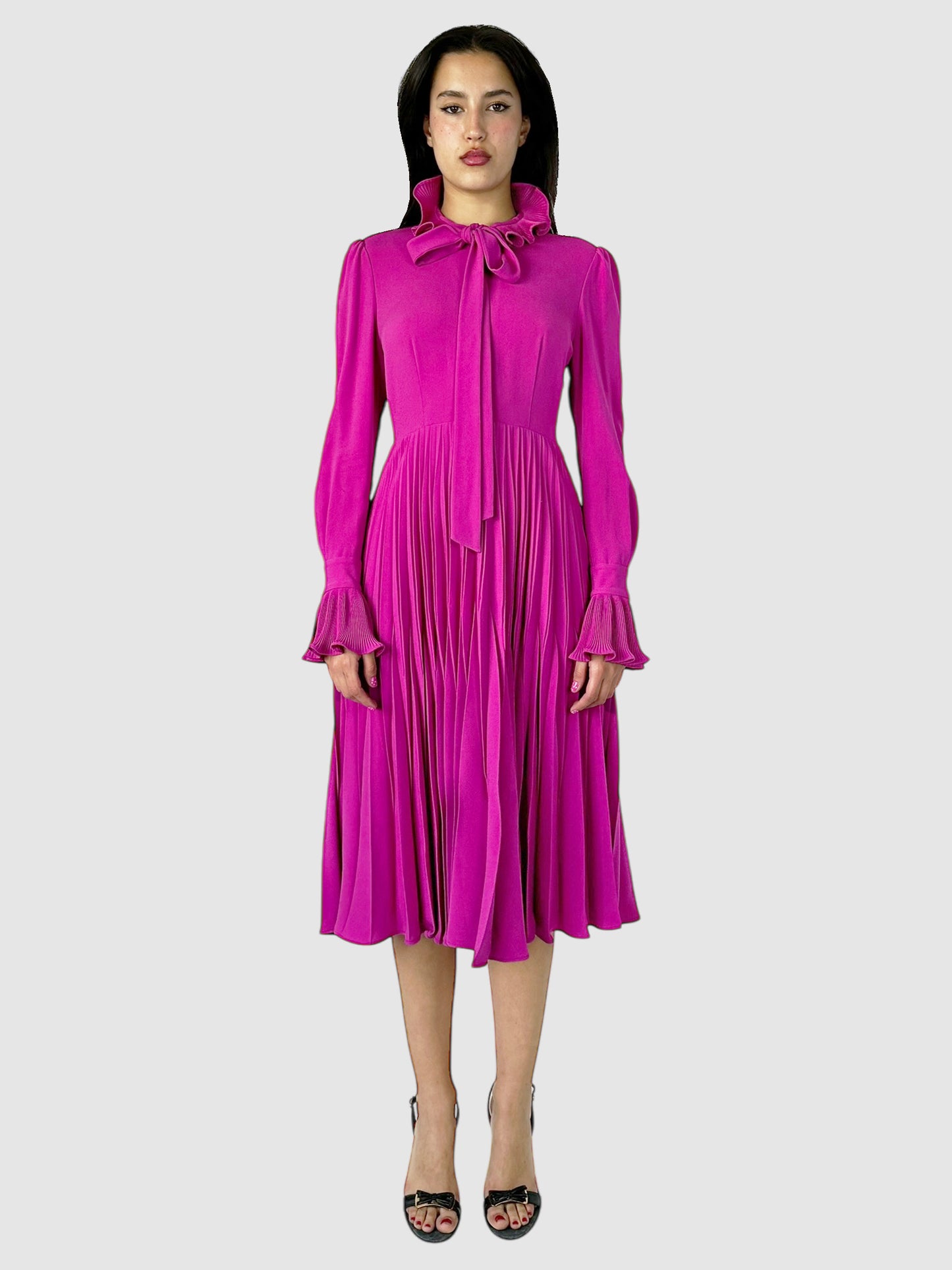 Long Sleeve Pleated Midi Dress - Size S