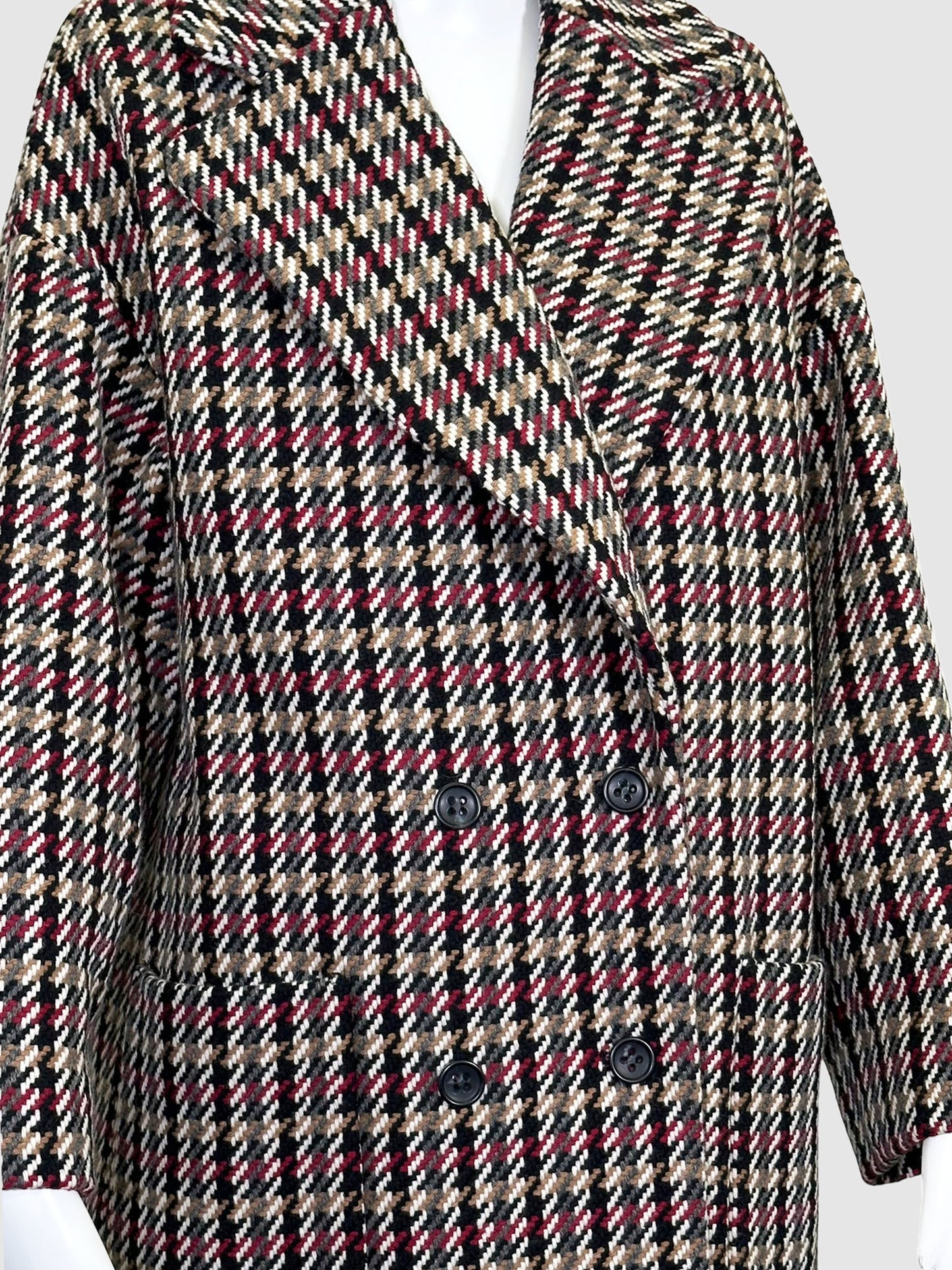 Check Print Double-Breasted Coat - Size 42