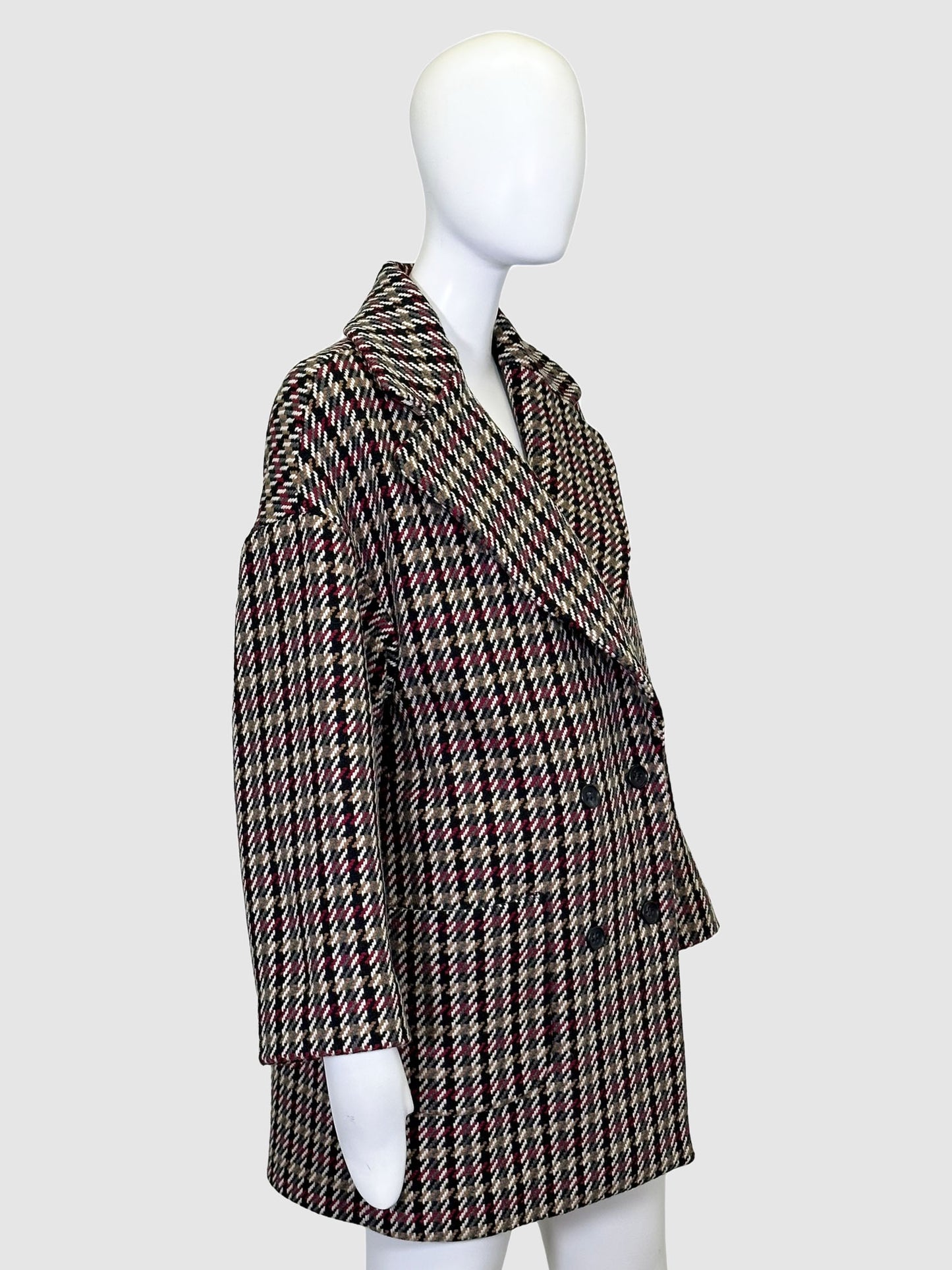 Check Print Double-Breasted Coat - Size 42