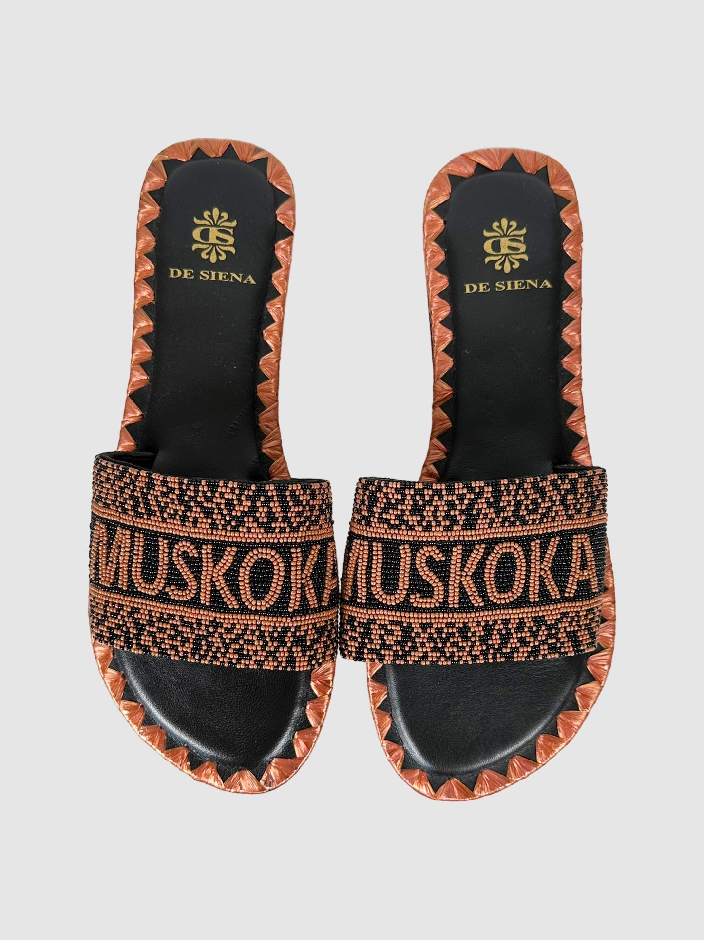 De Siena Brown and Black Beaded Muskoka Slides Size 38 Consignment Secondhand Designer Luxury Resale Toronto Trendy