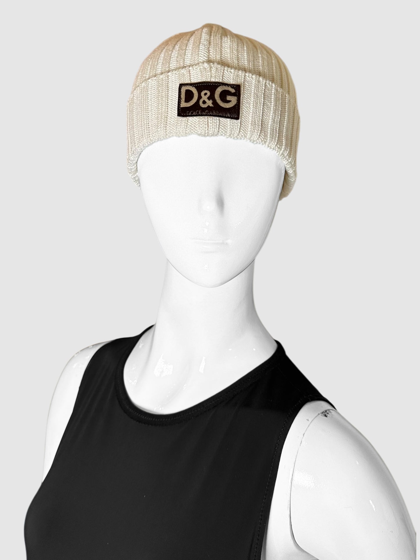 Dolce & Gabbana Beige Wool-Blend Ribbed Cuffed Beanie with Logo Patch on Front Luxury Designer Consignment Toronto Secondhand