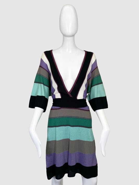 Deep V-Neck Stripe Dress - Size 46