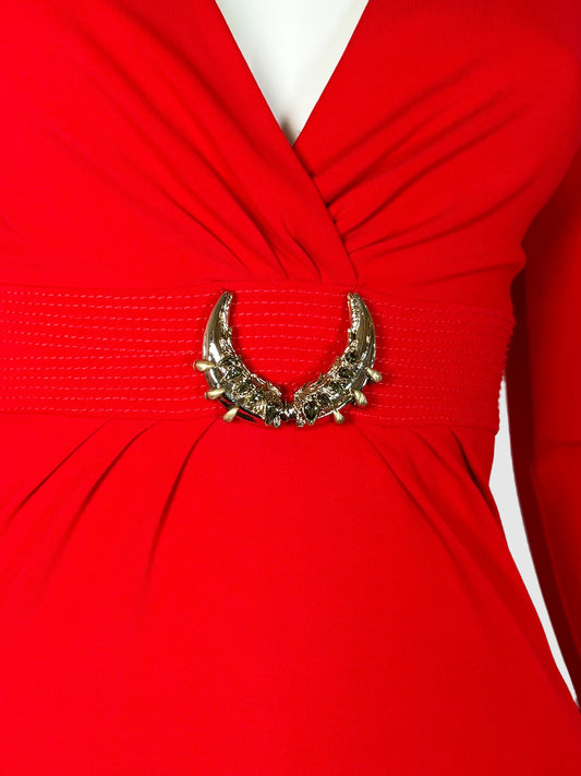 Roberto Cavalli Red Stretch Jersey V-Neck Dress with Jewelled Buckle, Size 40 Consign Vintage Toronto