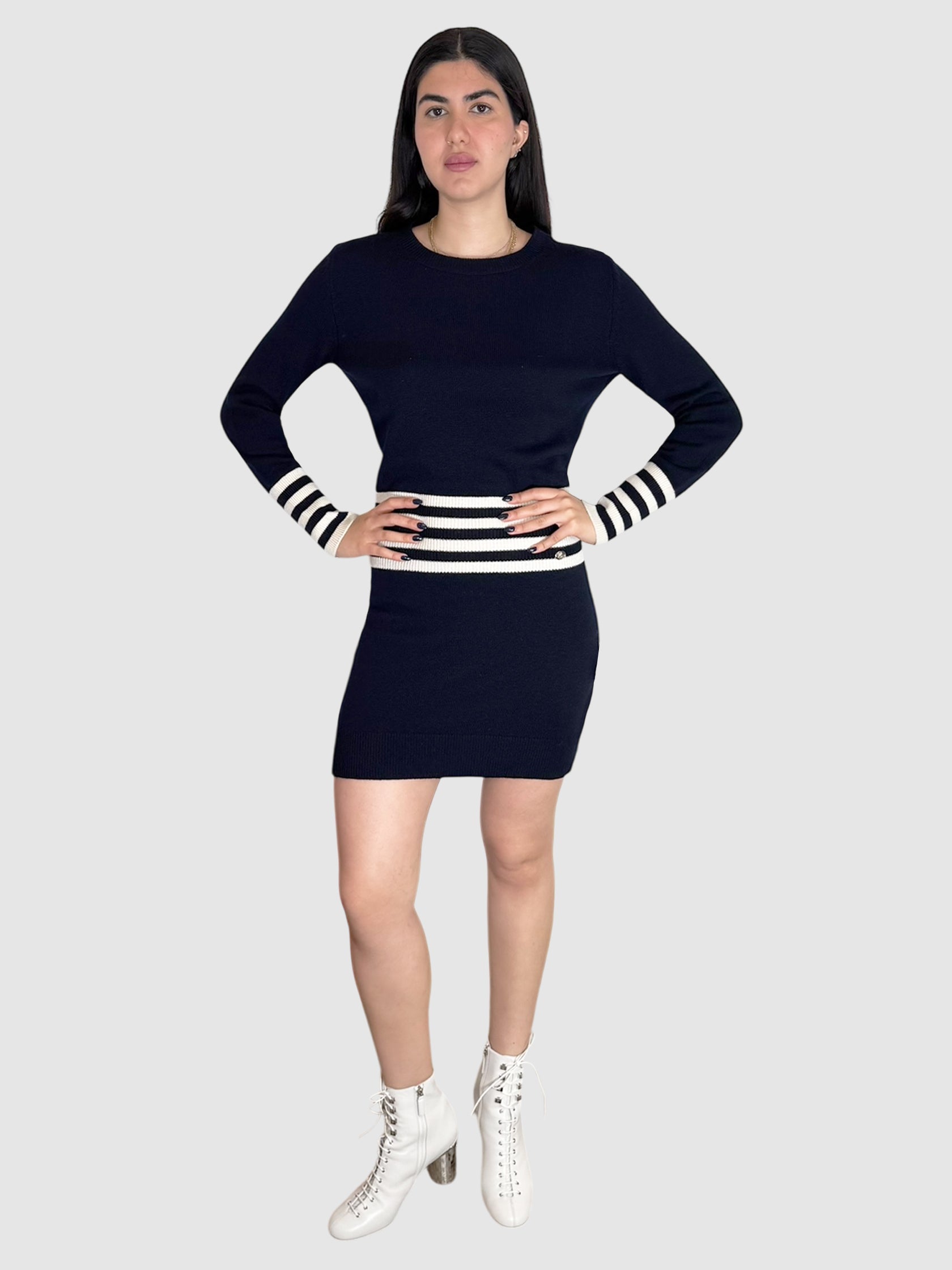 Chanel Navy Blue and White Long Sleeve Stripe Cashmere Mini Sweater Dress Luxury Designer Resale Consignment Toronto Secondhand Canada