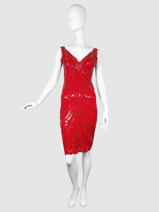 Ema Savahl Red Plunge Neck Dress with Scallop Trim, Size Medium Consign Toronto Vintage