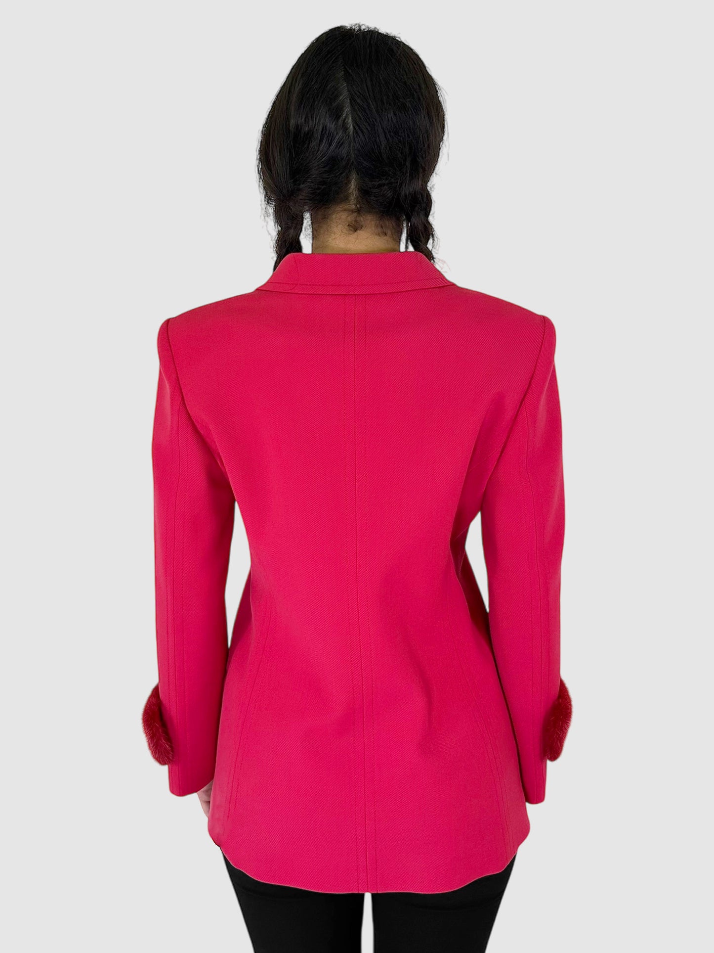 Wool Double-Breasted Fur Cuff Blazer - Size 4