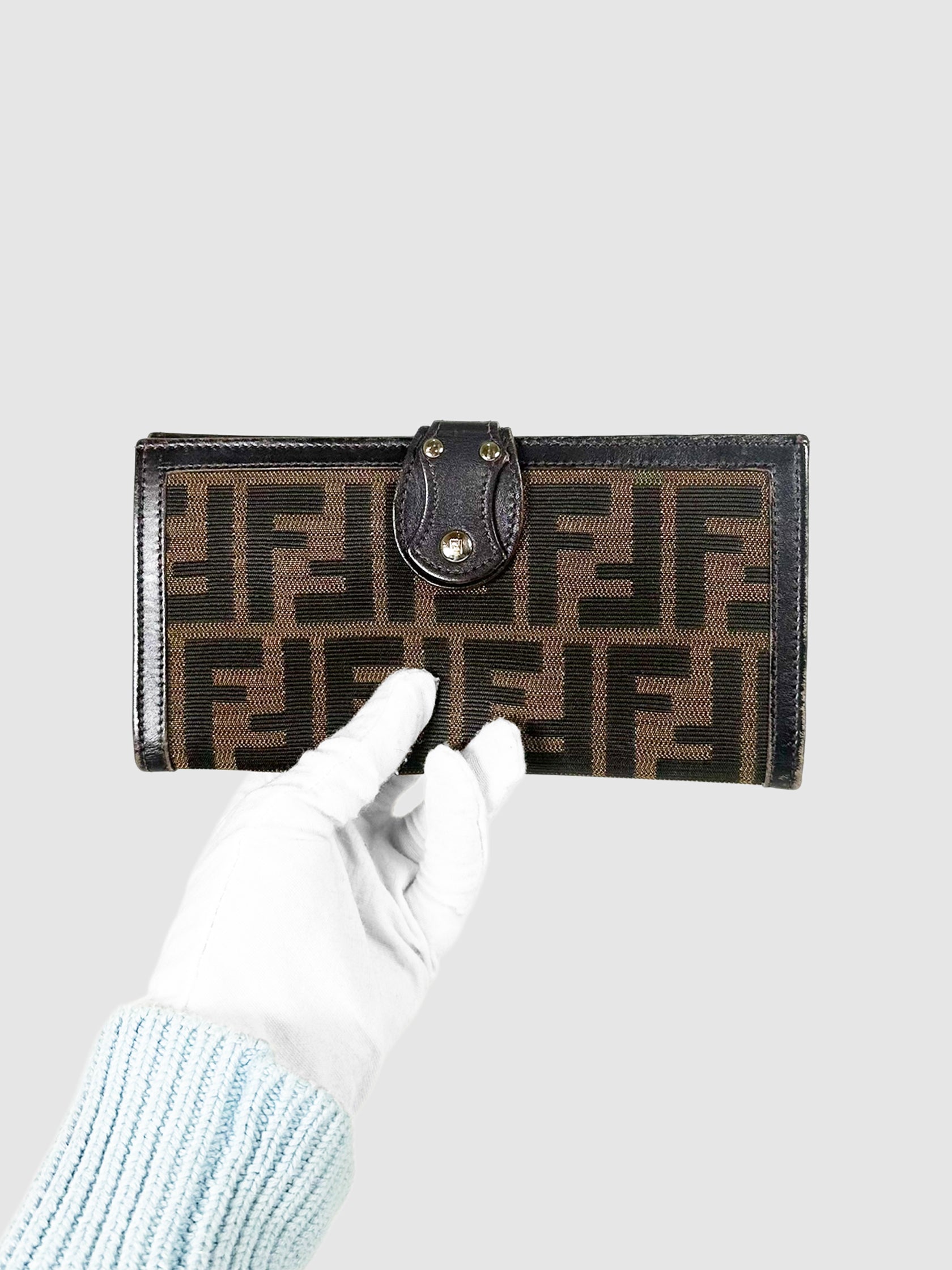 Fendi Black and Brown Canvas and Leather Zucca Print Long Wallet Luxury Designer Resale Accessories Consignment Toronto