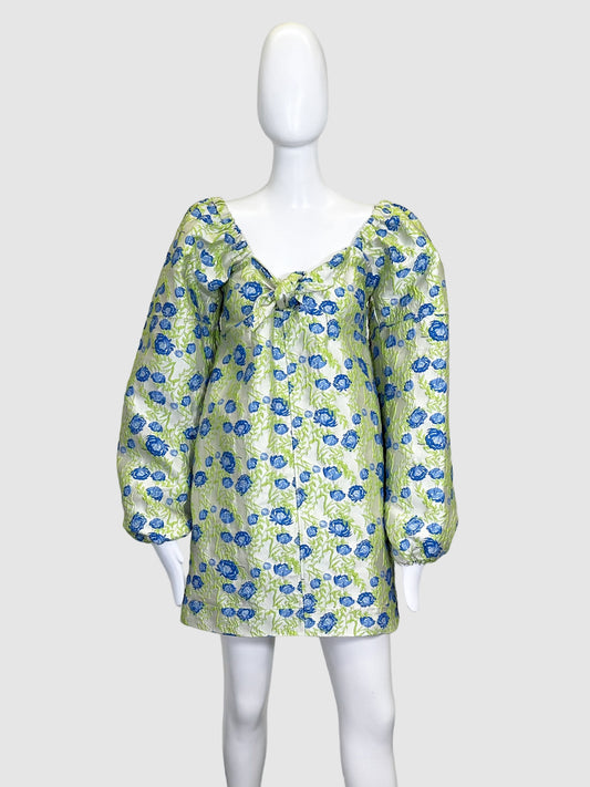 Ganni Floral Puff-Sleeve Mini Dress - Size M
