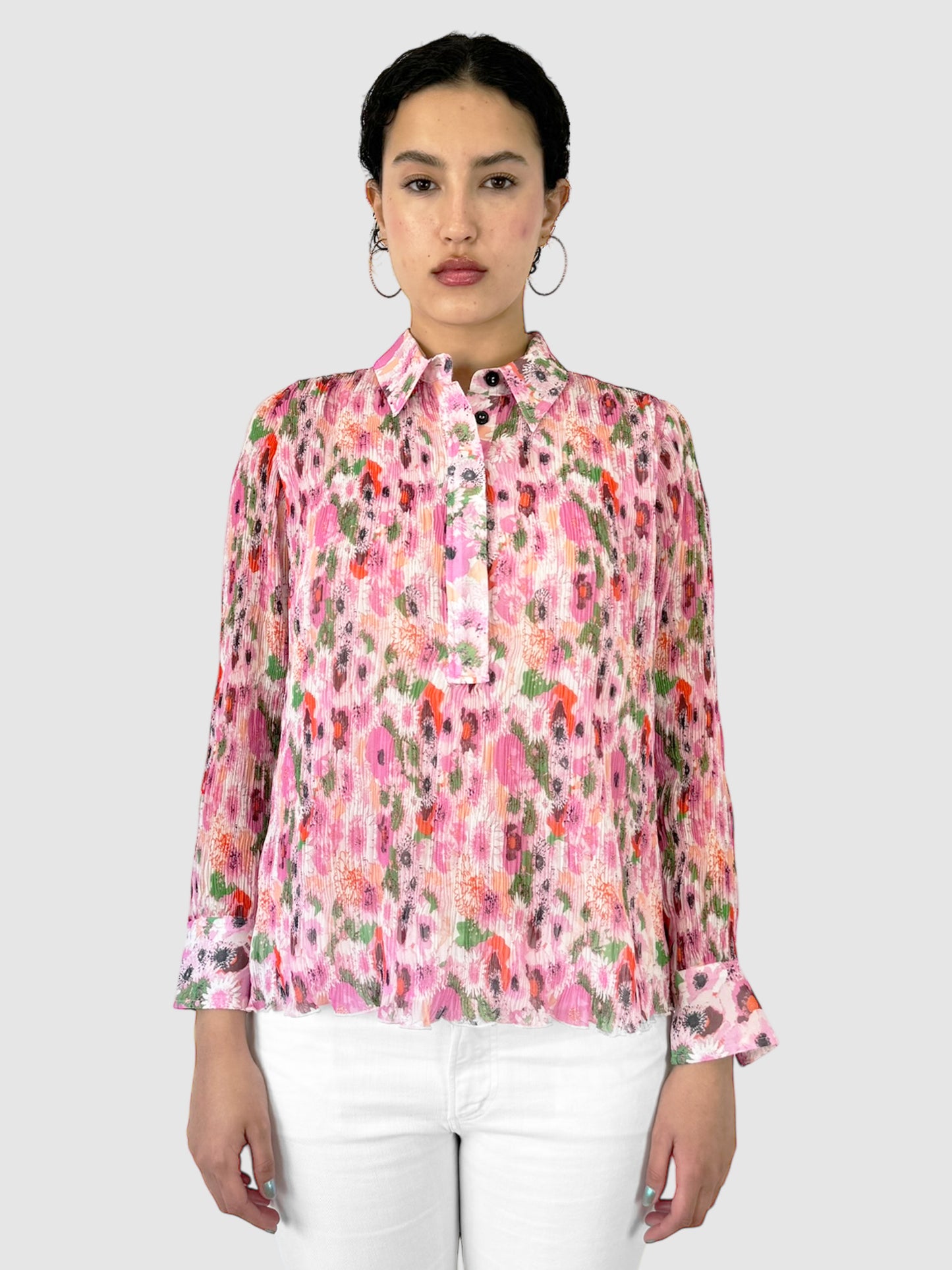 Floral Long Sleeve Collared Top - Size 34