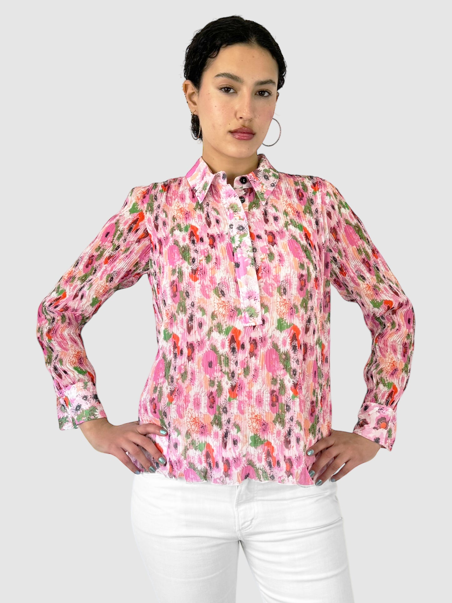 Floral Long Sleeve Collared Top - Size 34