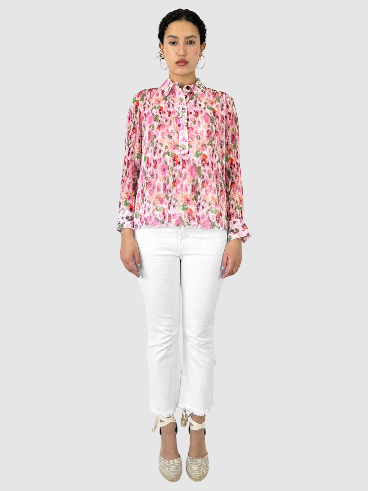Floral Long Sleeve Collared Top - Size 34