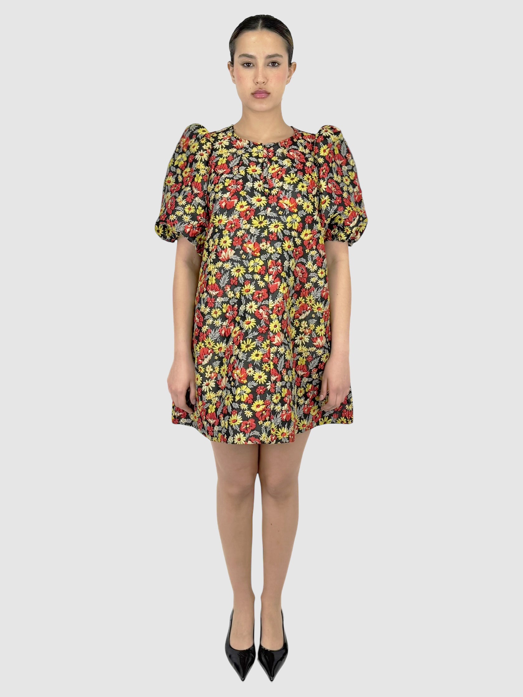 ganni puff sleeve jacquard mini dress GANNI Leopard-print Mini Jacquard Dress