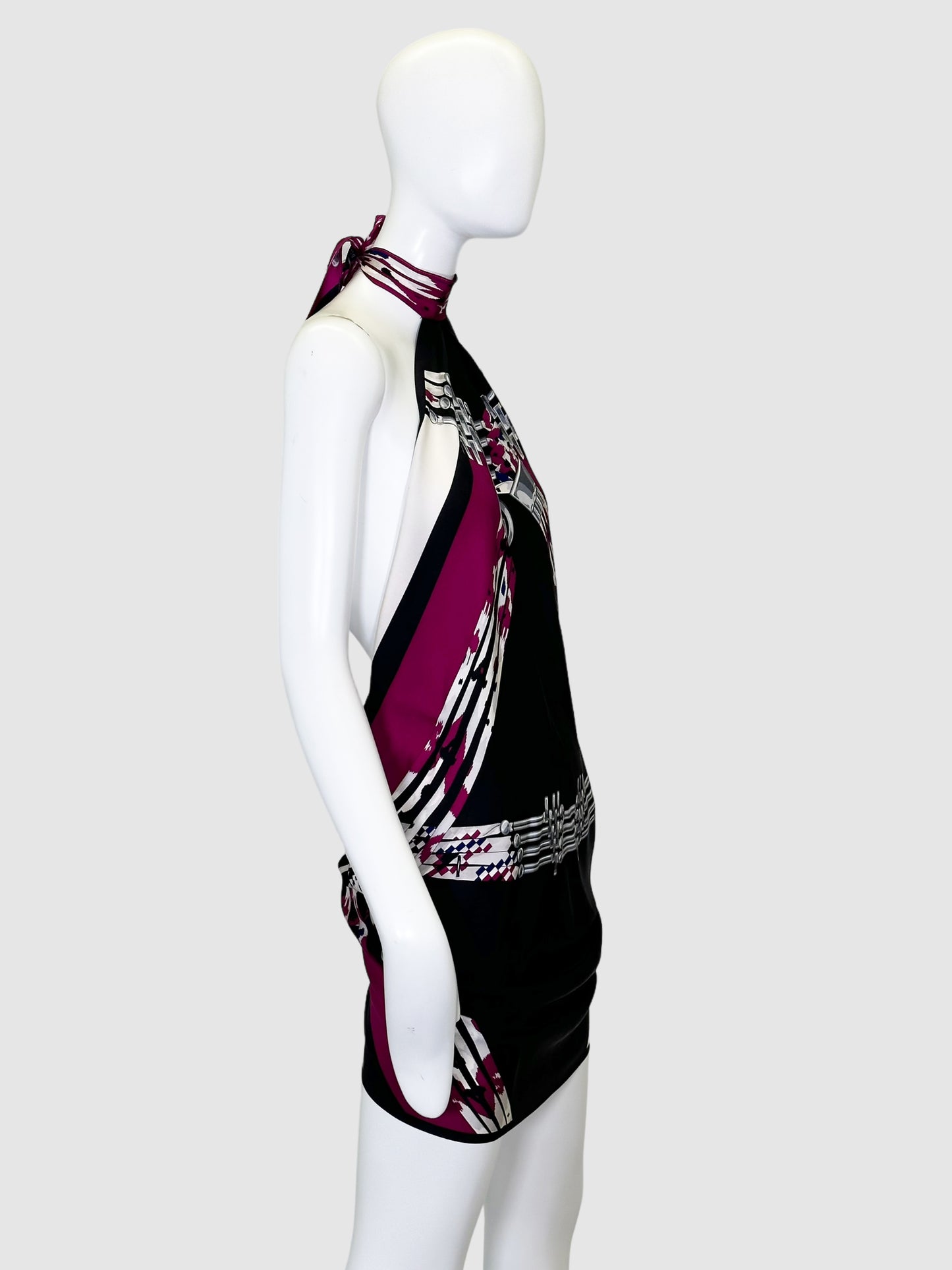 Printed Scarf Halter Neck Dress - One Size
