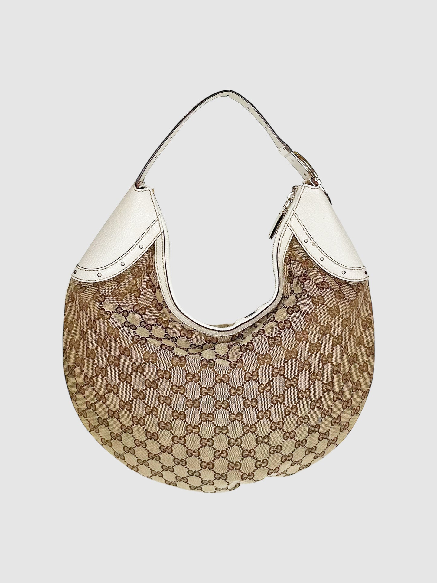 Gucci Beige and White Round Monogram Canvas Glam Hobo Bag Handbag Luxury Designer Resale Consignment Secondhand Toronto Canada