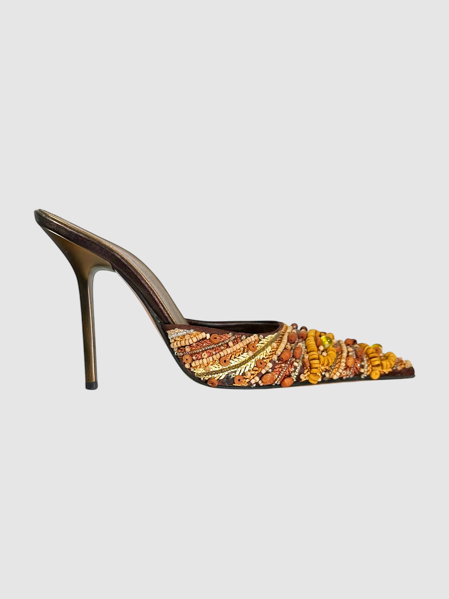 Gianmarco Lorenzi Brown Beaded Pointed Toe Mules Size 37 Luxury Designer Resale Consignment Toronto Secondhand Vintage Trendy