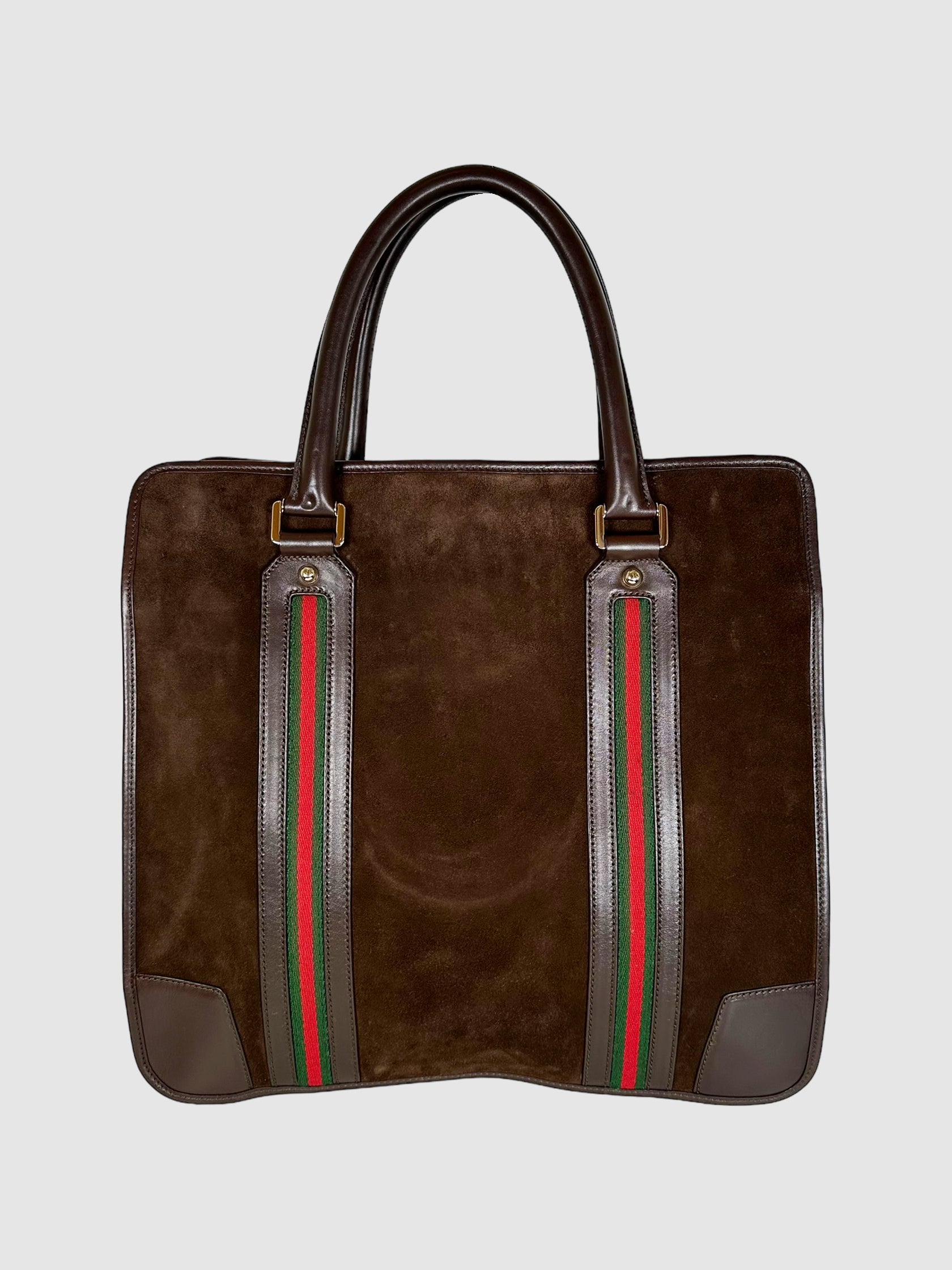 Gucci Brown Large Suede Tote Bag with Green and Red Web Stripe Consignment Secondhand Designer Luxury Resale Toronto Trendy