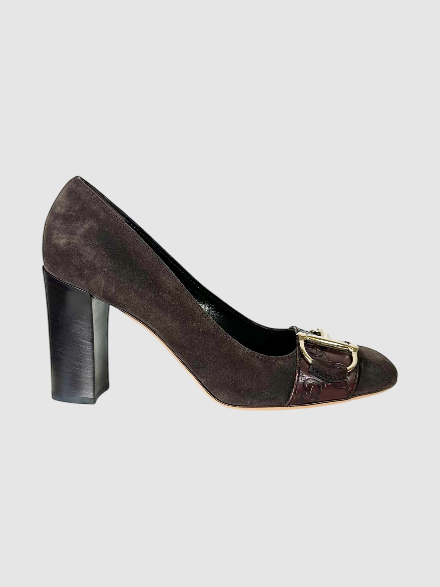 Gucci Brown Suede Horsebit Accent Pumps, Size 7 Luxury Designer Consignment Resale Secondhand Vintage Trendy Heels Toronto VSP Vestiaire