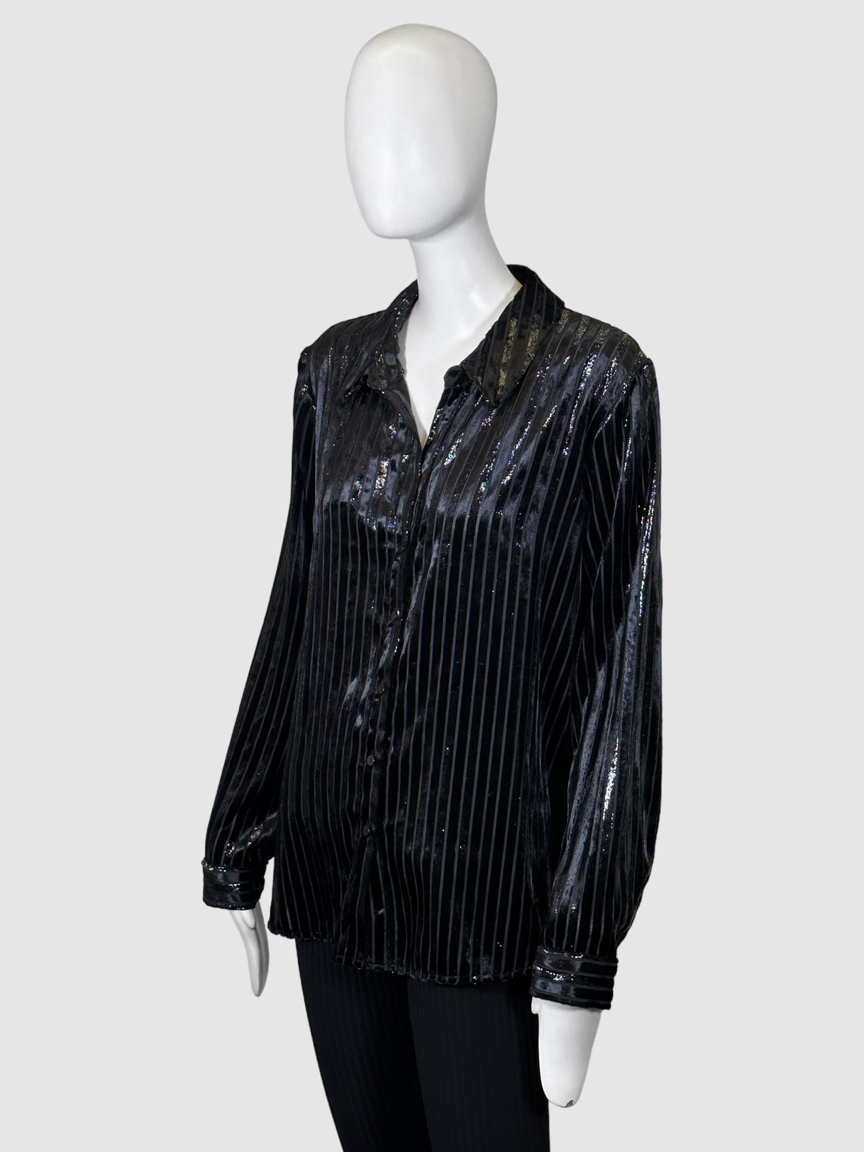 Stripe Satin Button-Up Blouse - Size XL