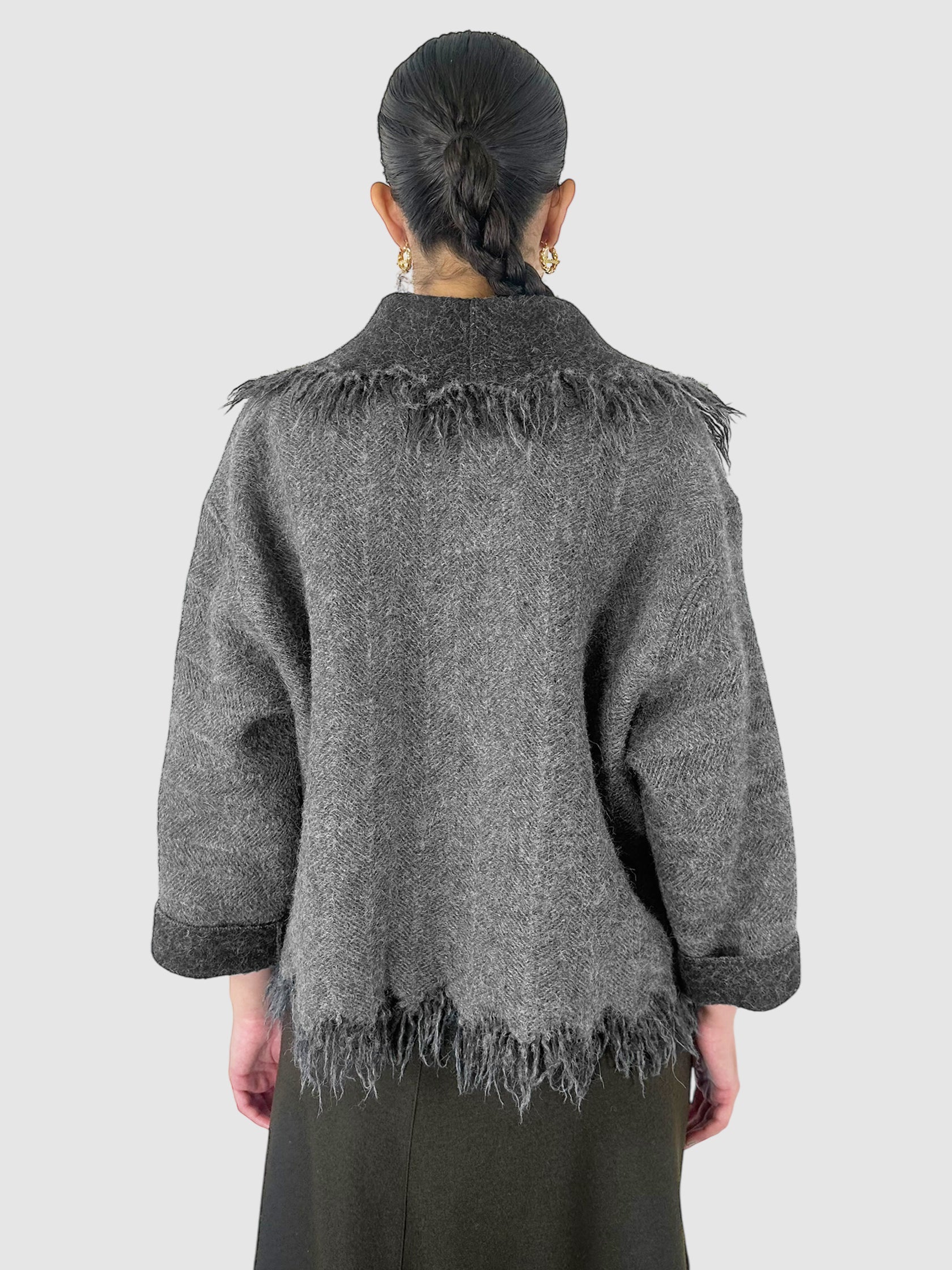 Wool Fringe Trim Double-Breasted Coat - Size M