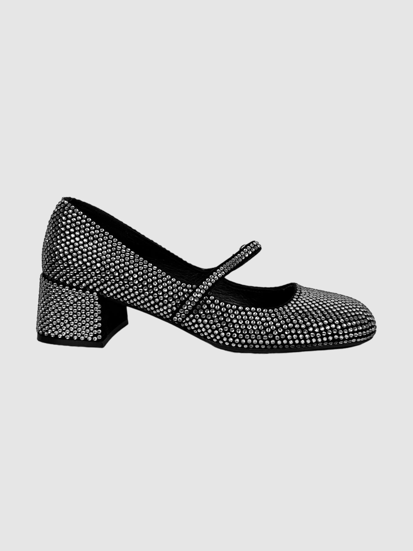 Jeffrey Campbell Black with Silver-Tone Rhinestone Embellished Mary Jane Block Heels Size 6 Consignment Secondhand Designer Luxury Resale Toronto Trendy
