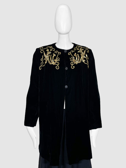 Valentino Black Velvet Button-Up Jacket with Gold Sequin Embellishing, Size Medium Vintage Secondhand Consignment Event