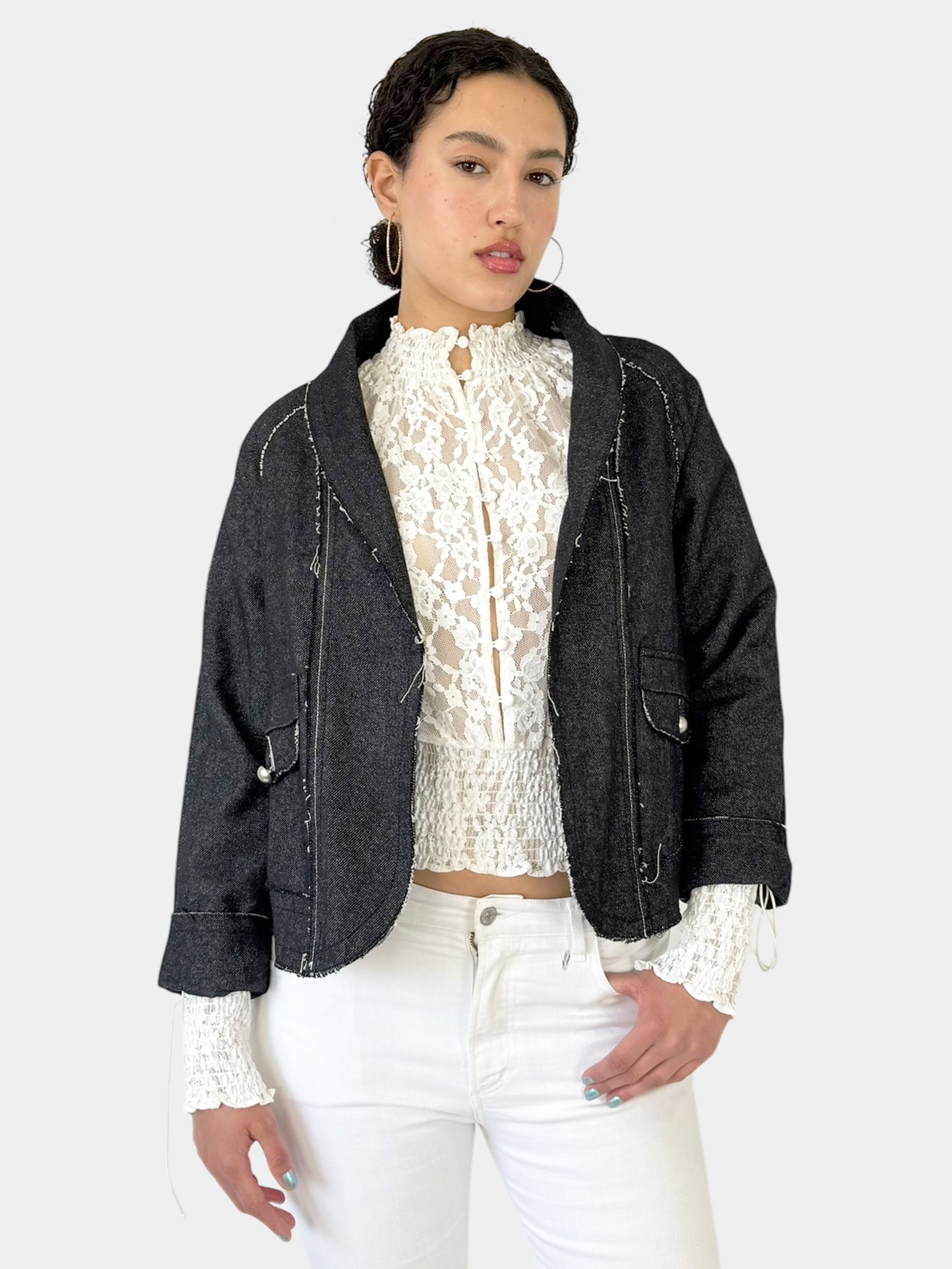Wool Contrast Stitch Open Jacket - Size L