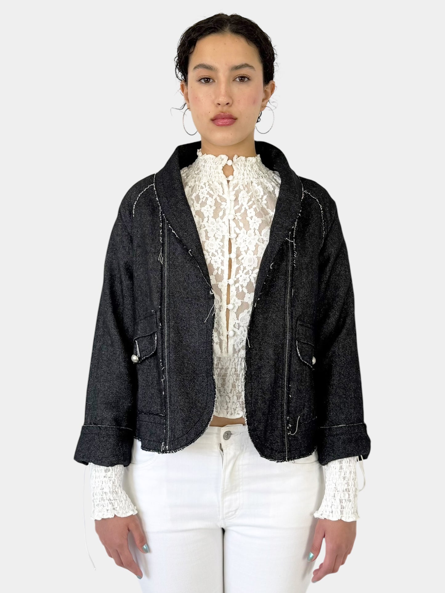 Wool Contrast Stitch Open Jacket - Size L