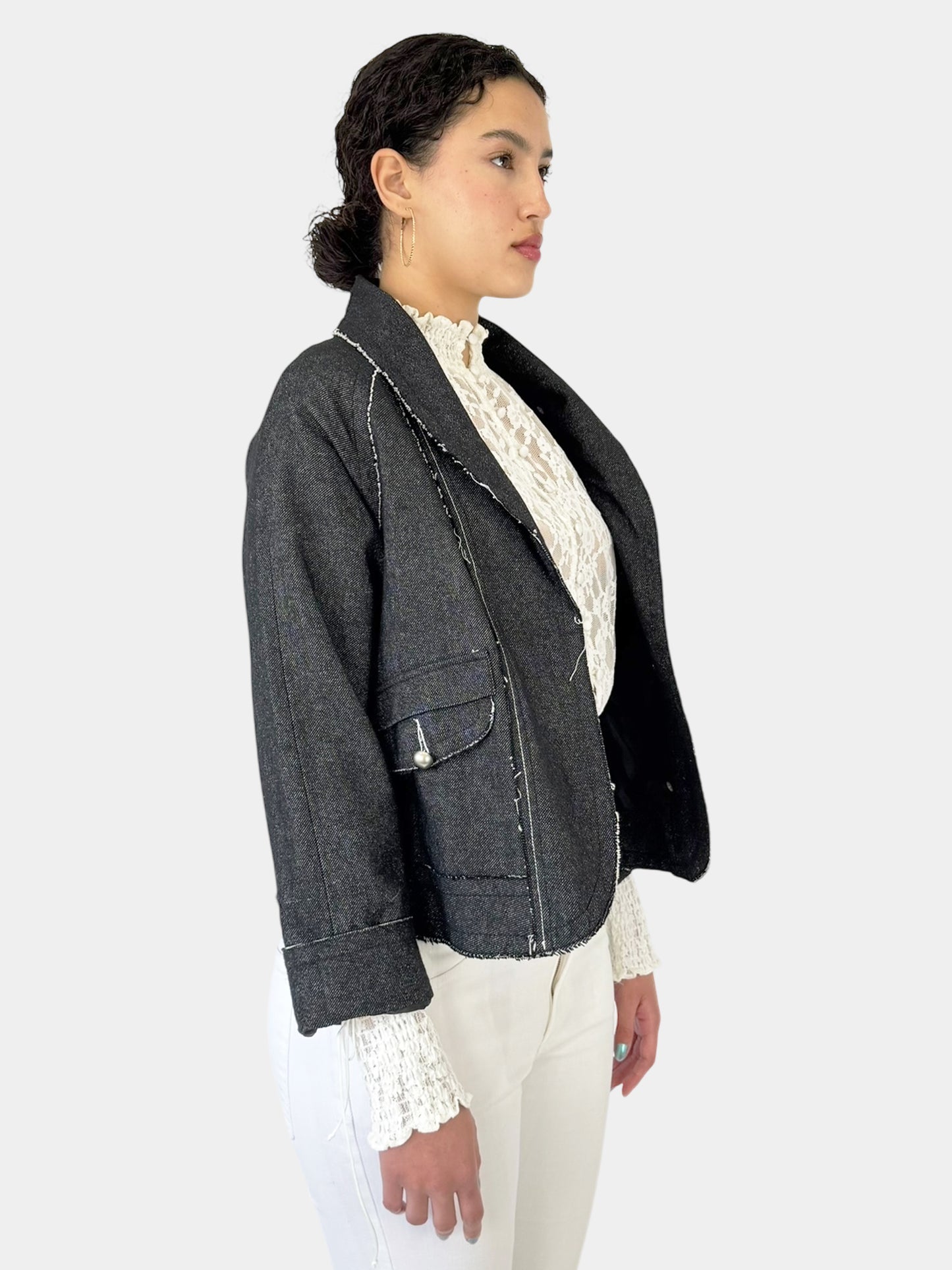 Wool Contrast Stitch Open Jacket - Size L