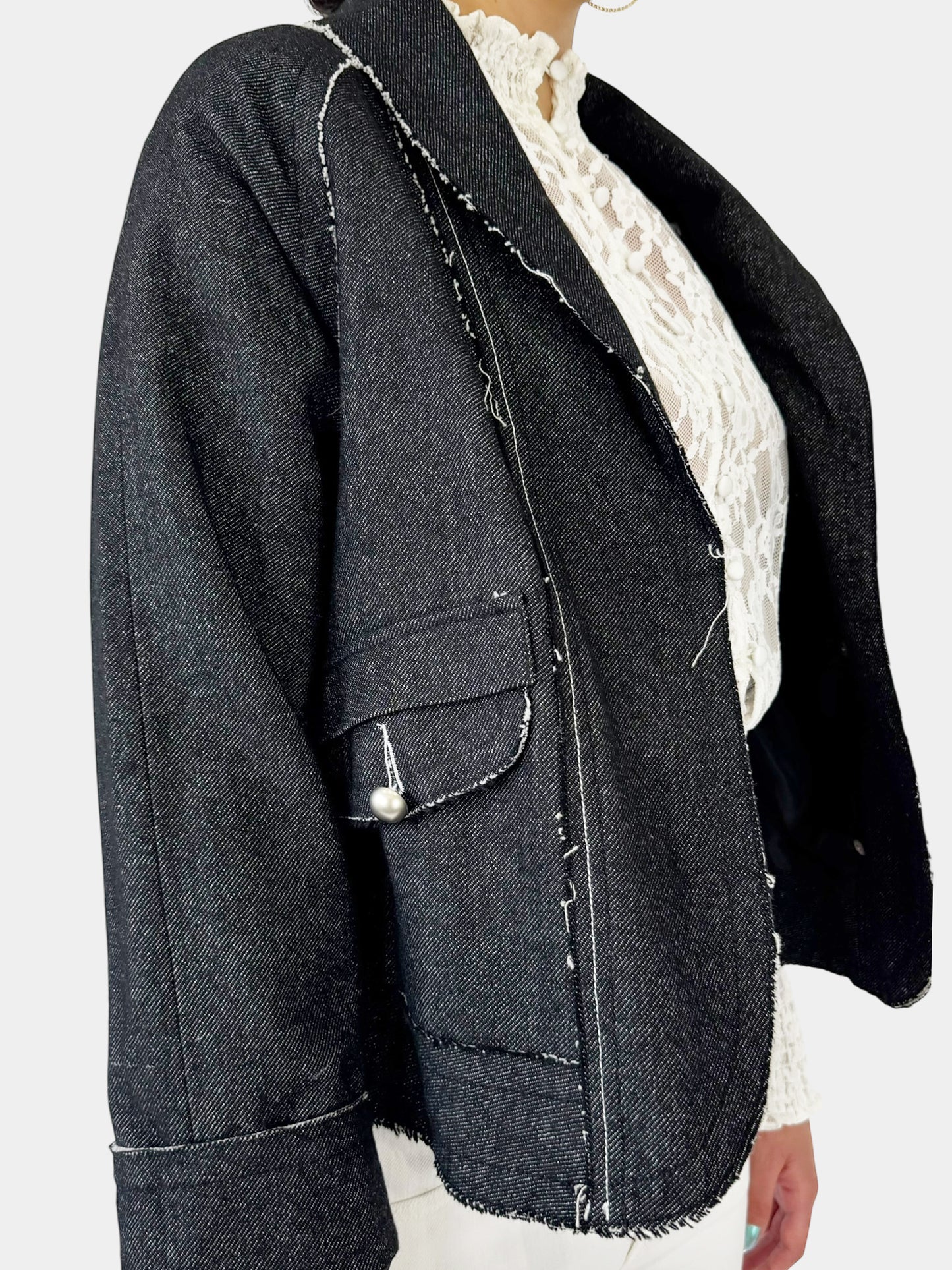 Wool Contrast Stitch Open Jacket - Size L