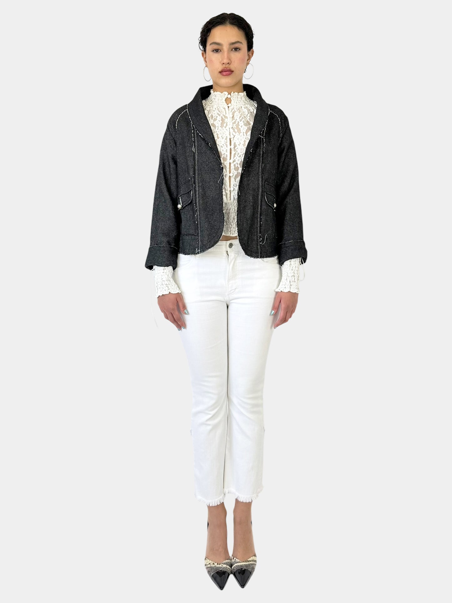 Wool Contrast Stitch Open Jacket - Size L