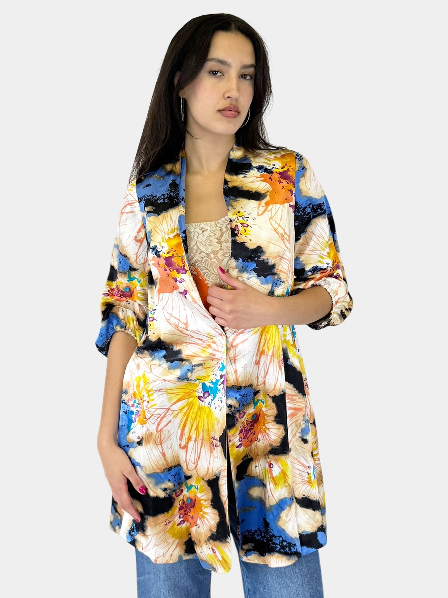 Abstract Floral Linen Coat - Size 0